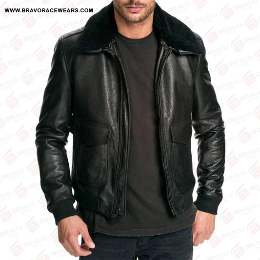 Men's Air Force Black Leather Bomber Jacket with Fur Collar