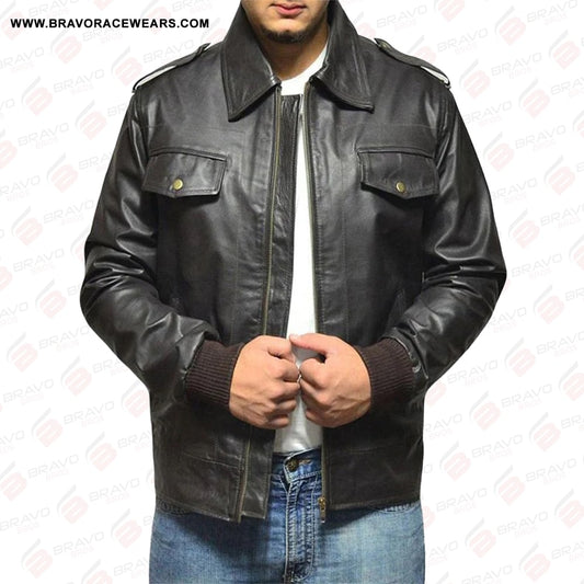 Men's Casual Black Leather Bomber Jacket