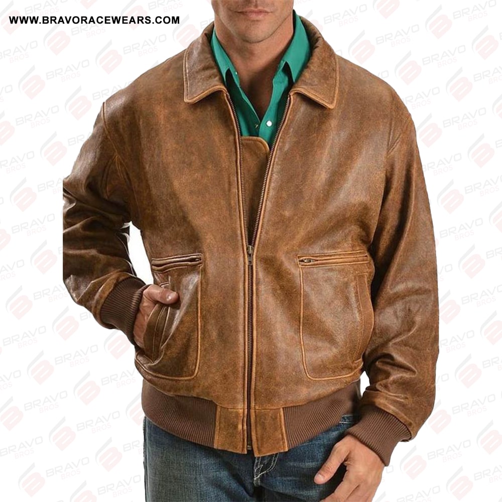 Men's Distressed Leather Bomber Jacket