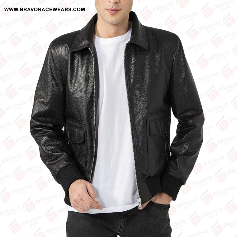 Men's Shirt Collar Black Bomber Leather Jacket