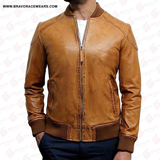 Men's Waxed Tan Brown Sheepskin Leather Bomber Jacket