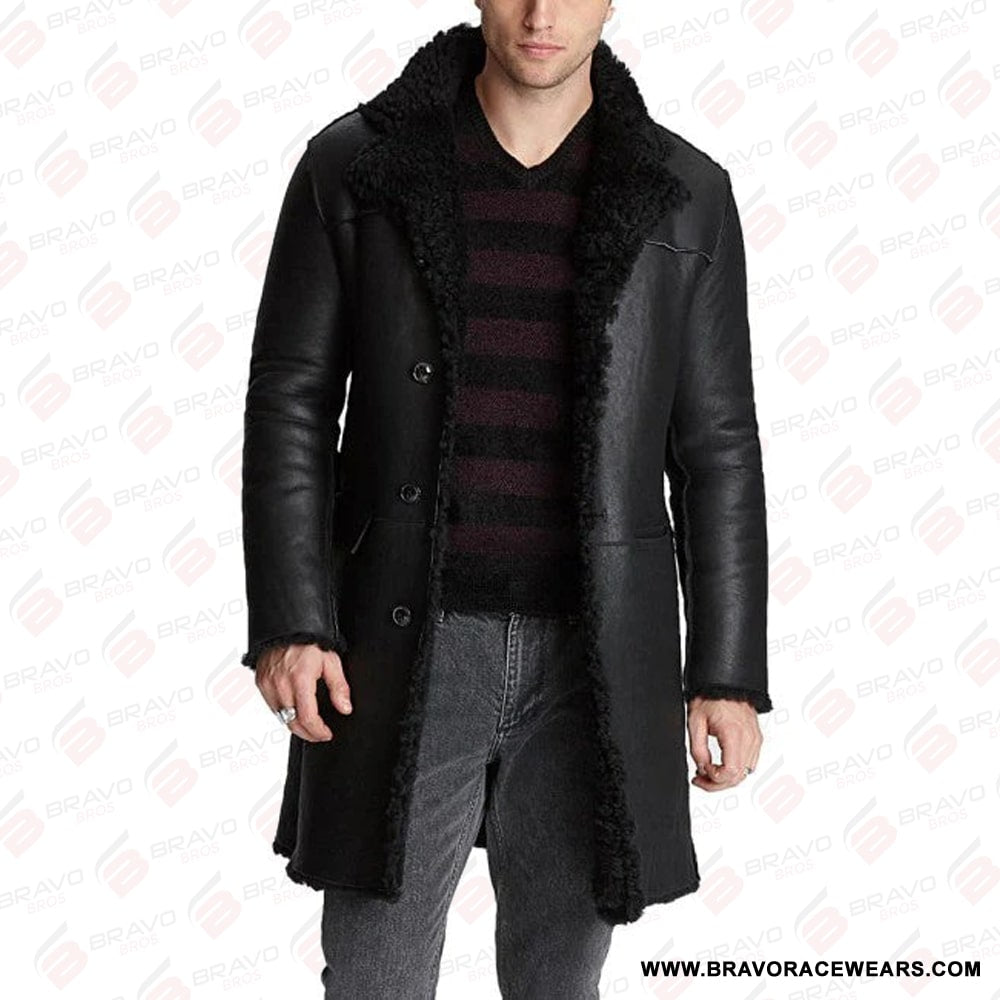 Mens Classic Russo Black Shearling Long Coat