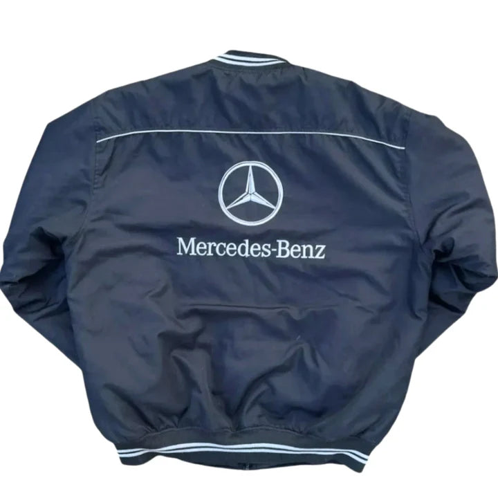 A stylish racing jacket with sleek design and bold branding, perfect for motorsport enthusiasts.