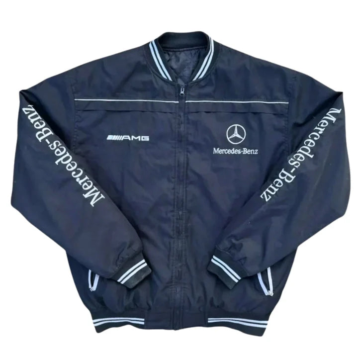 A stylish racing jacket with sleek design and bold branding, perfect for motorsport enthusiasts.