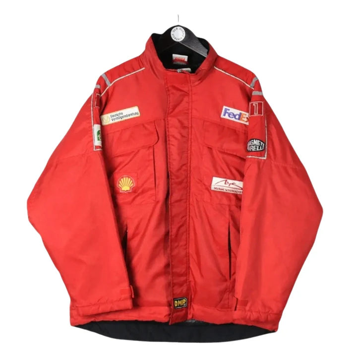 A stylish racing jacket with sleek design and bold branding, perfect for motorsport enthusiasts.