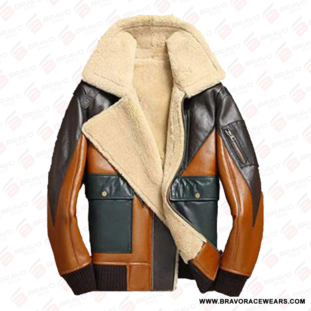 Multicolor Sheepskin Shearling Mens Bomber Leather Jacket