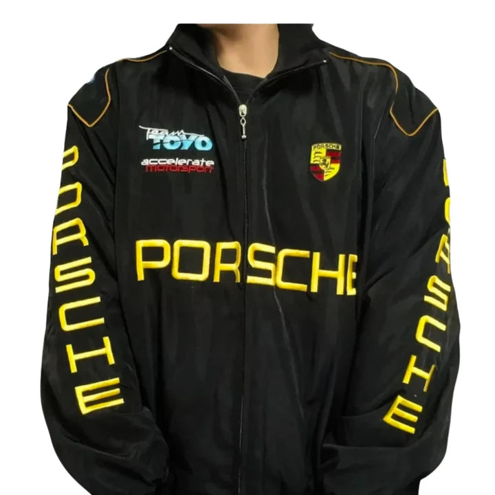 A stylish racing jacket with sleek design and bold branding, perfect for the motorsport enthusiast.