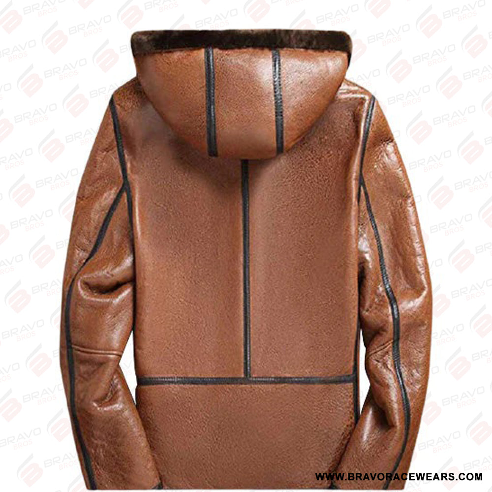 Sheepskin Shearling Brown Leather Hooded Jacket