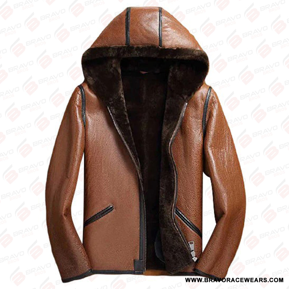 Sheepskin Shearling Brown Leather Hooded Jacket