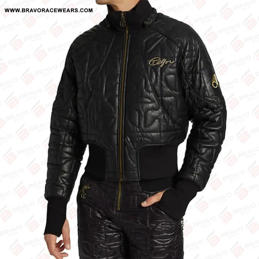 Quilted Style Black Leather Bomber Jacket