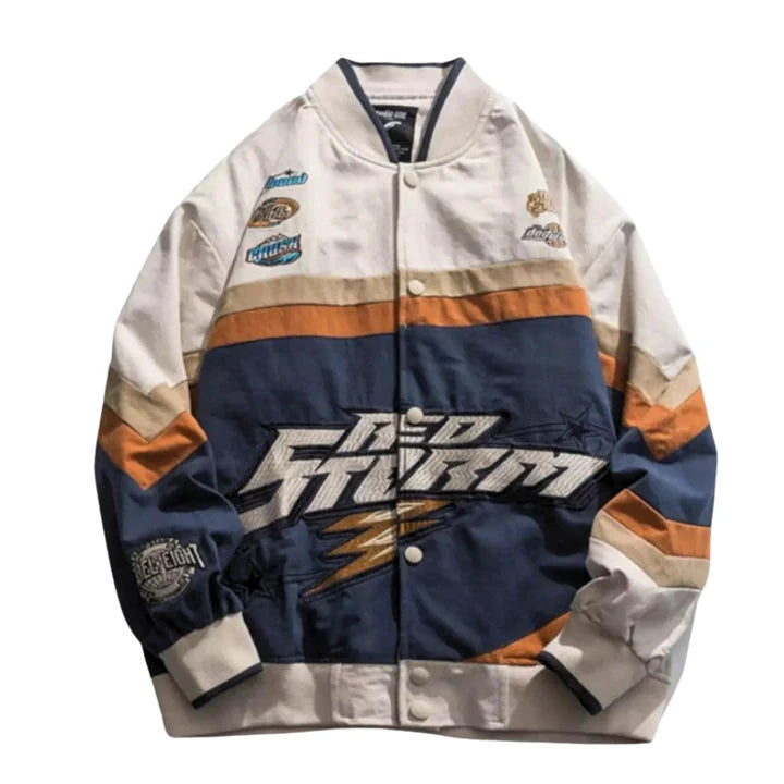 A stylish racing jacket with sleek design and bold branding, perfect for motorsport enthusiasts.