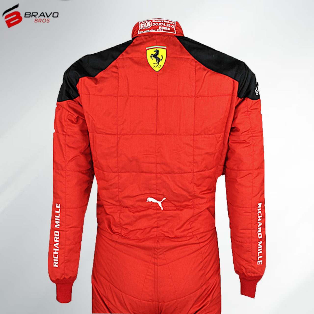 "Close-up of a Ferrari go-kart suit showcasing the iconic red color with the Ferrari prancing horse logo prominently displayed on the chest and shoulders. The suit features a sleek, aerodynamic design with black and white accents, reinforced areas for durability, and a professional racing aesthetic inspired by Ferrari’s Formula 1 heritage."