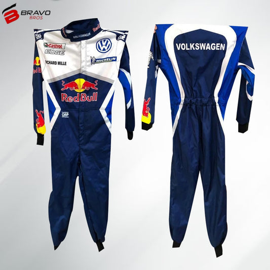 "Close-up of a Red Bull Racing go-kart suit featuring the team’s signature navy blue and yellow color scheme. The suit displays the Red Bull logo prominently on the chest, with additional branding on the sleeves and legs. The design includes aerodynamic paneling and reinforced areas, capturing the dynamic and professional look associated with Red Bull's Formula 1 racing gear."