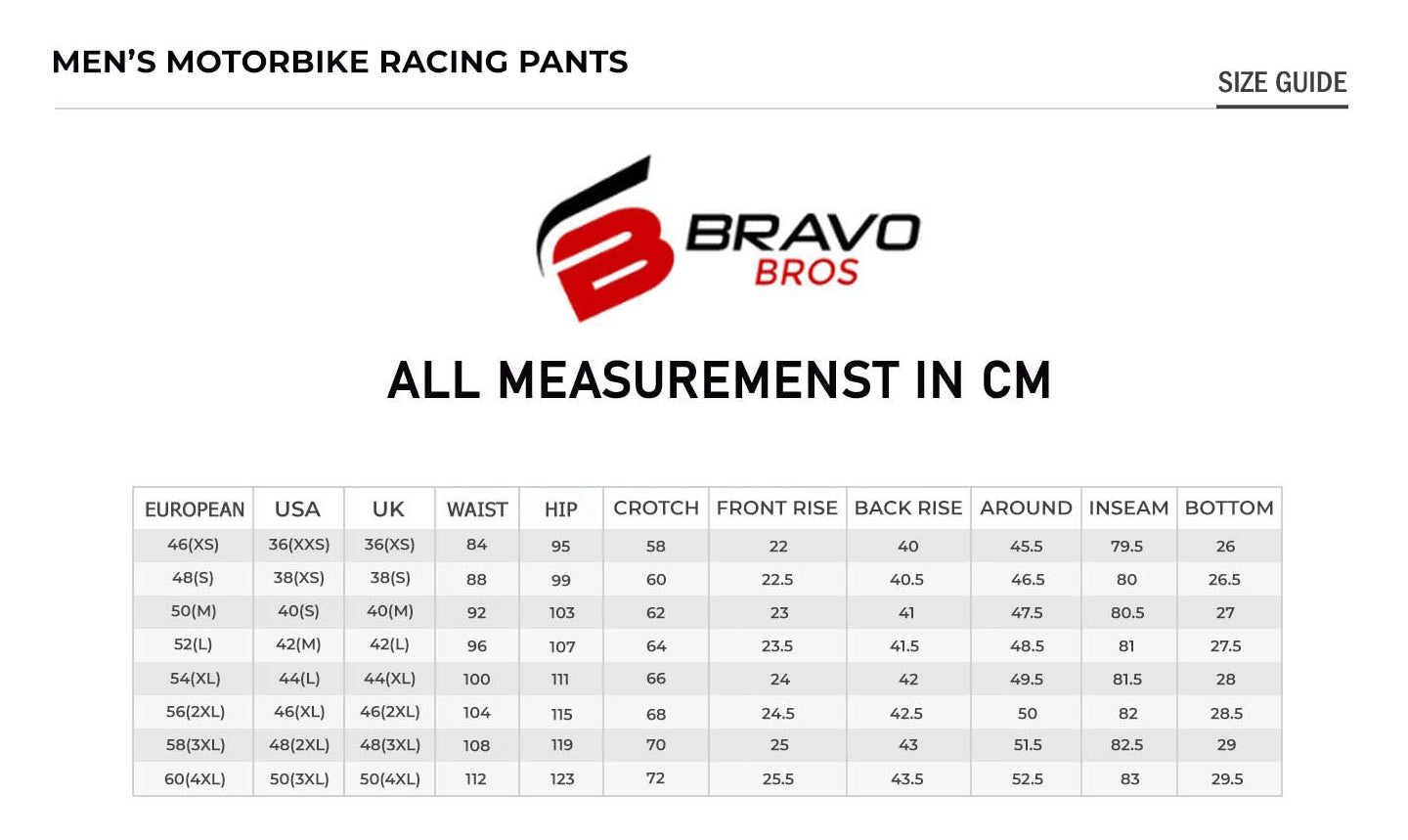 Leather Motorcycle Pants Size Chart