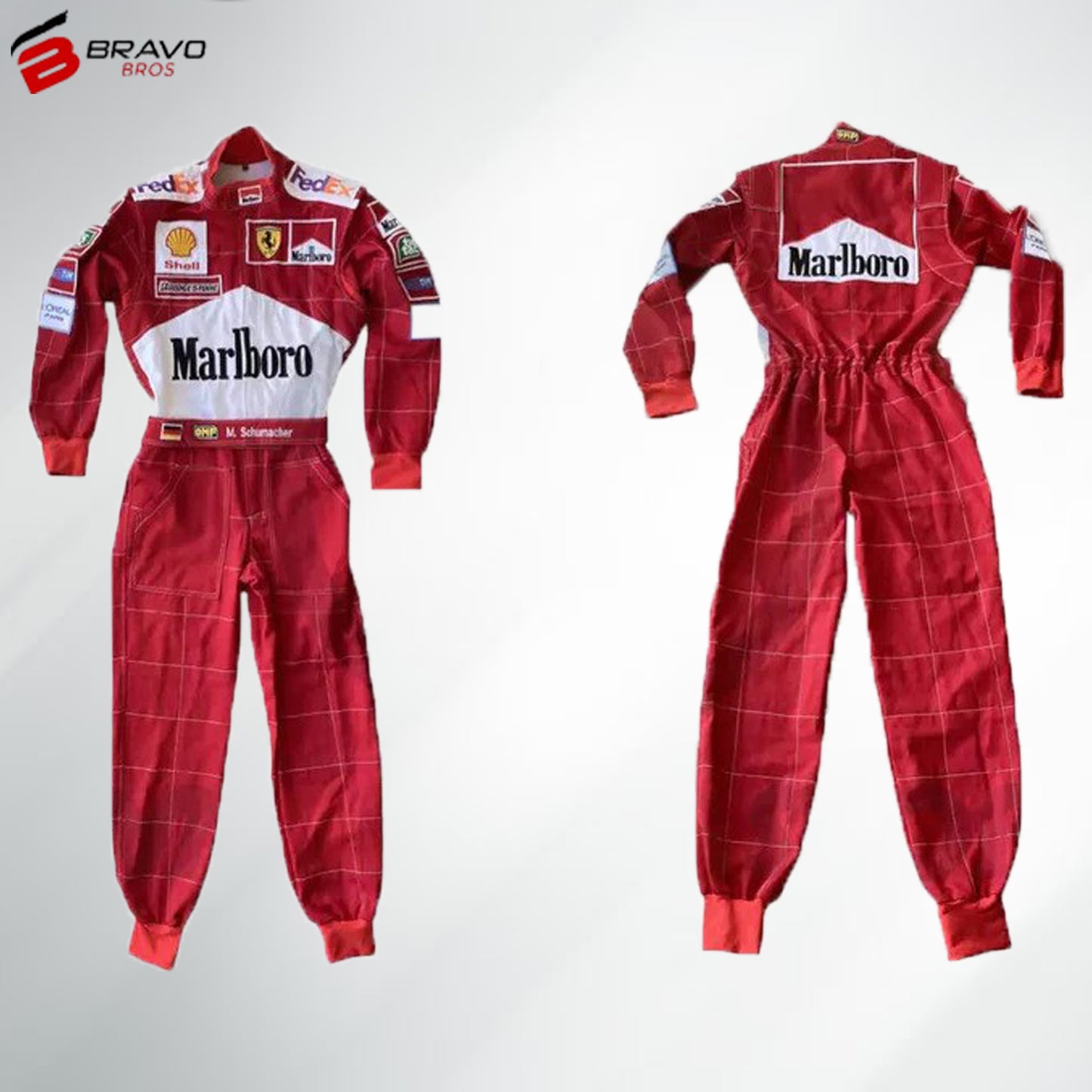 Shop the iconic Michael Schumacher F1 race suit. Own a piece of racing history with this Ferrari replica, crafted for fans and collectors. Free worldwide shipping!"