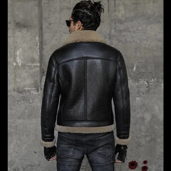 Men’s Black Leather Shearling Big Collar Aviator Jacket