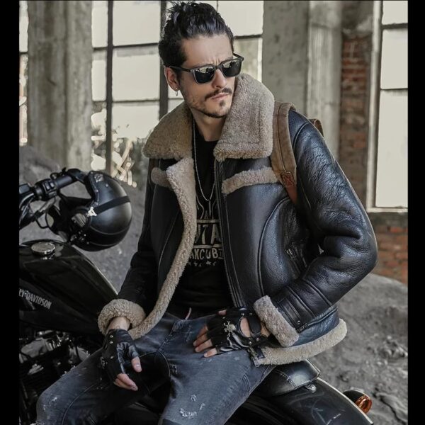 Men’s Black Leather Shearling Big Collar Aviator Jacket