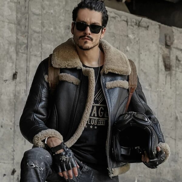 Men’s Black Leather Shearling Big Collar Aviator Jacket