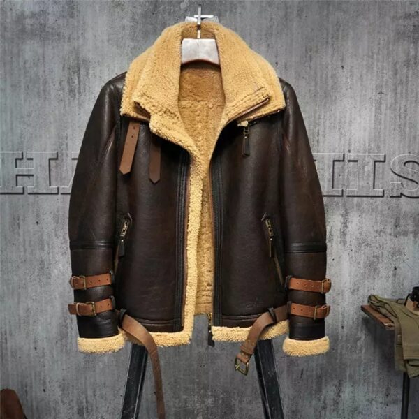 Men’s RAF Aviator Dark Brown Leather Shearling Double Collar Jacket