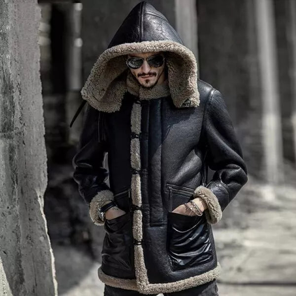 Men’s B7 Shearling Camouflage Hooded Black Leather Long Coat