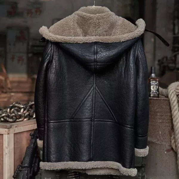Men’s B7 Shearling Camouflage Hooded Black Leather Long Coat
