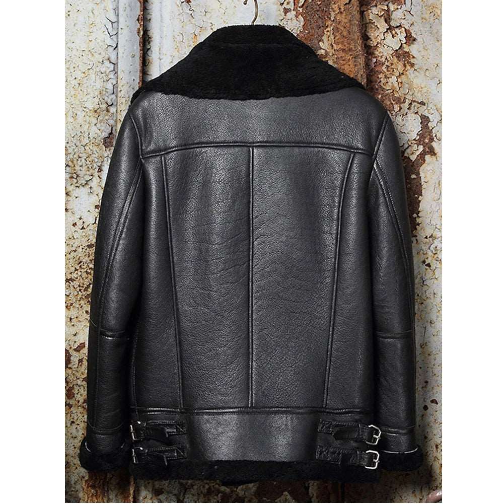 B3 Classic Double-layer Black Shearling Sheepskin Leather Jacket