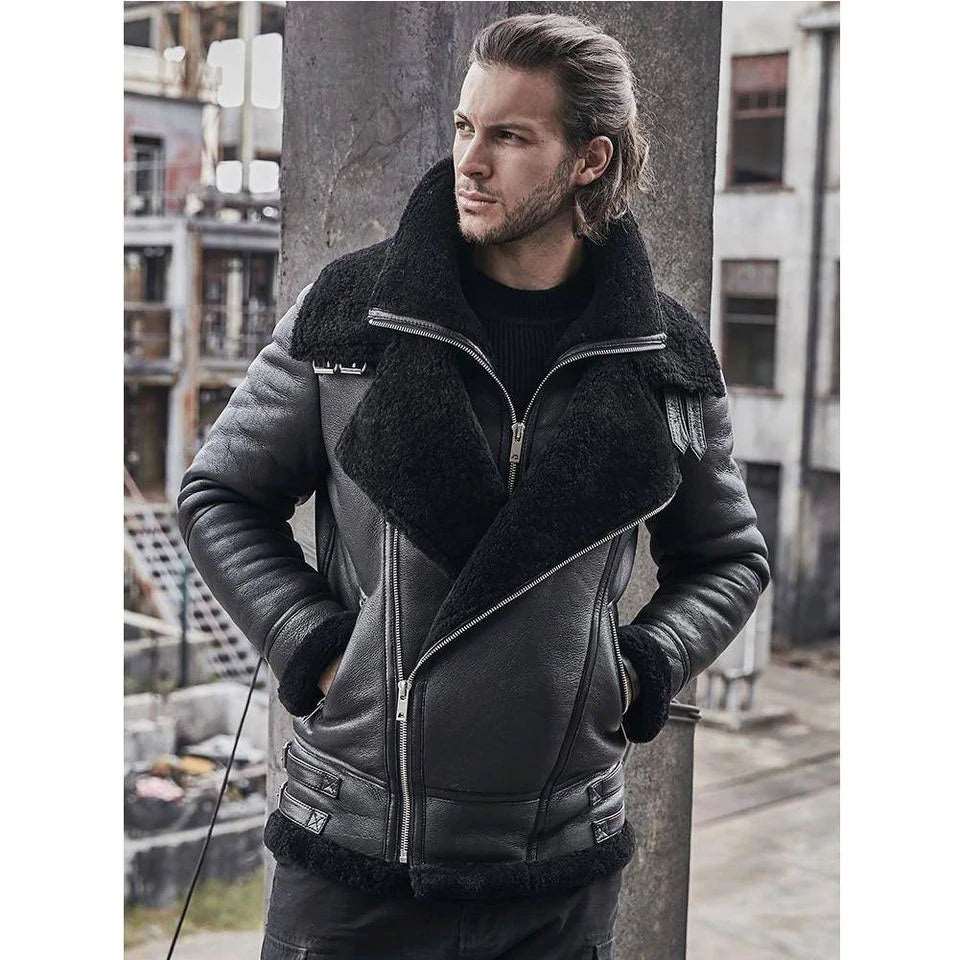 B3 Classic Double-layer Black Shearling Sheepskin Leather Jacket