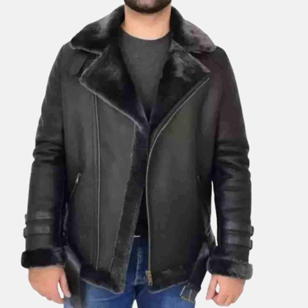 B3 Black Leather Shearling Jacket Mens