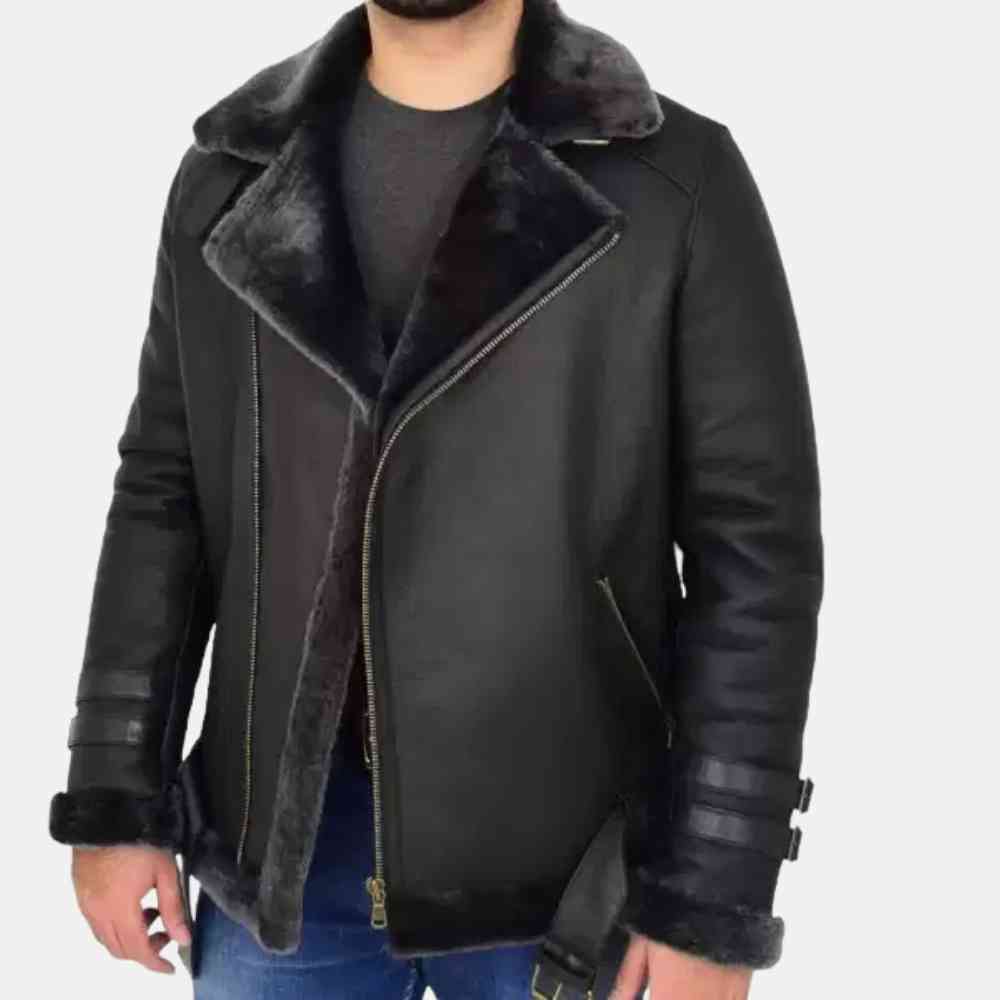 B3 Black Leather Shearling Jacket Mens