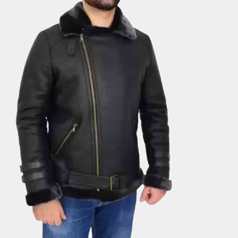 B3 Black Leather Shearling Jacket Mens