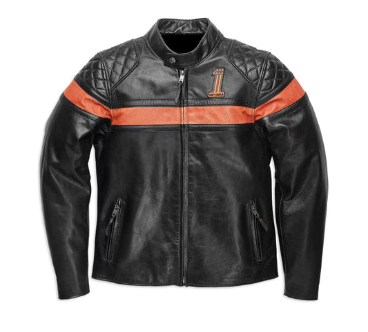 Black Orange Harley Davidson Motorcycle Leather Jacket