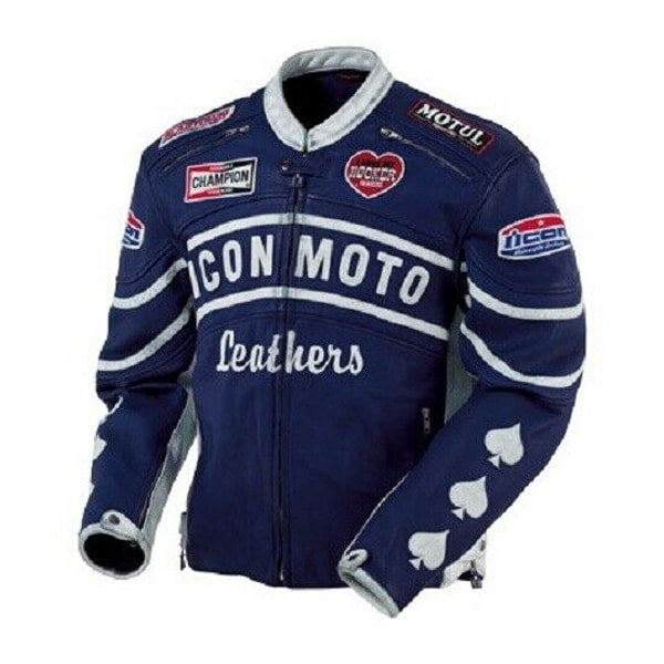 Blue Icon Moto Leather Jacket With CE Armor Icon Daytona Jacket