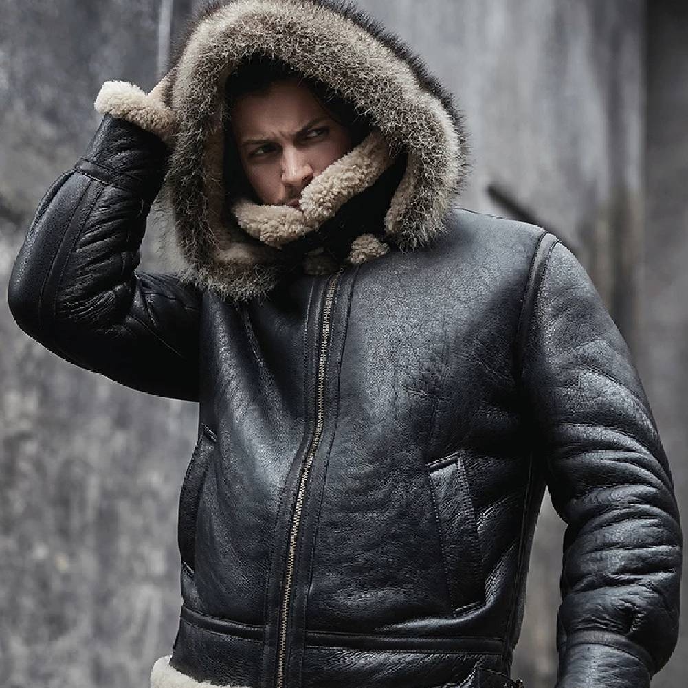 Mens B3 Shearling Bomber Jacket with Detachable Hood