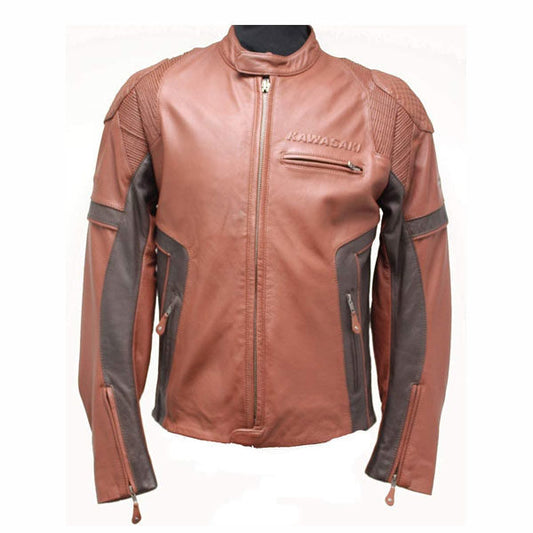 Brown Kawasaki Motorcycle Leather Jacket Mens