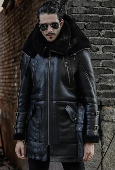 Men’s Shearling B3 Flight Double Collar Sheepskin Leather Aviator Fur Coat