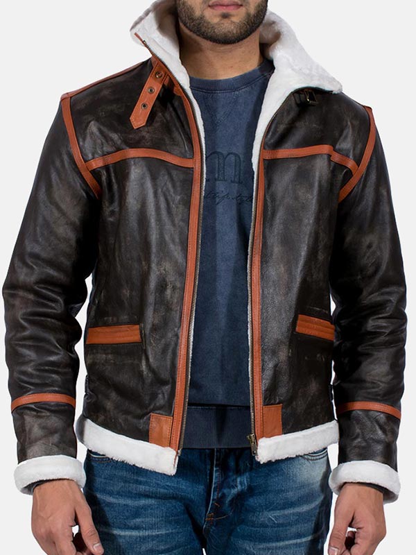 Distressed Brown Shearling Leather Jacket Mens
