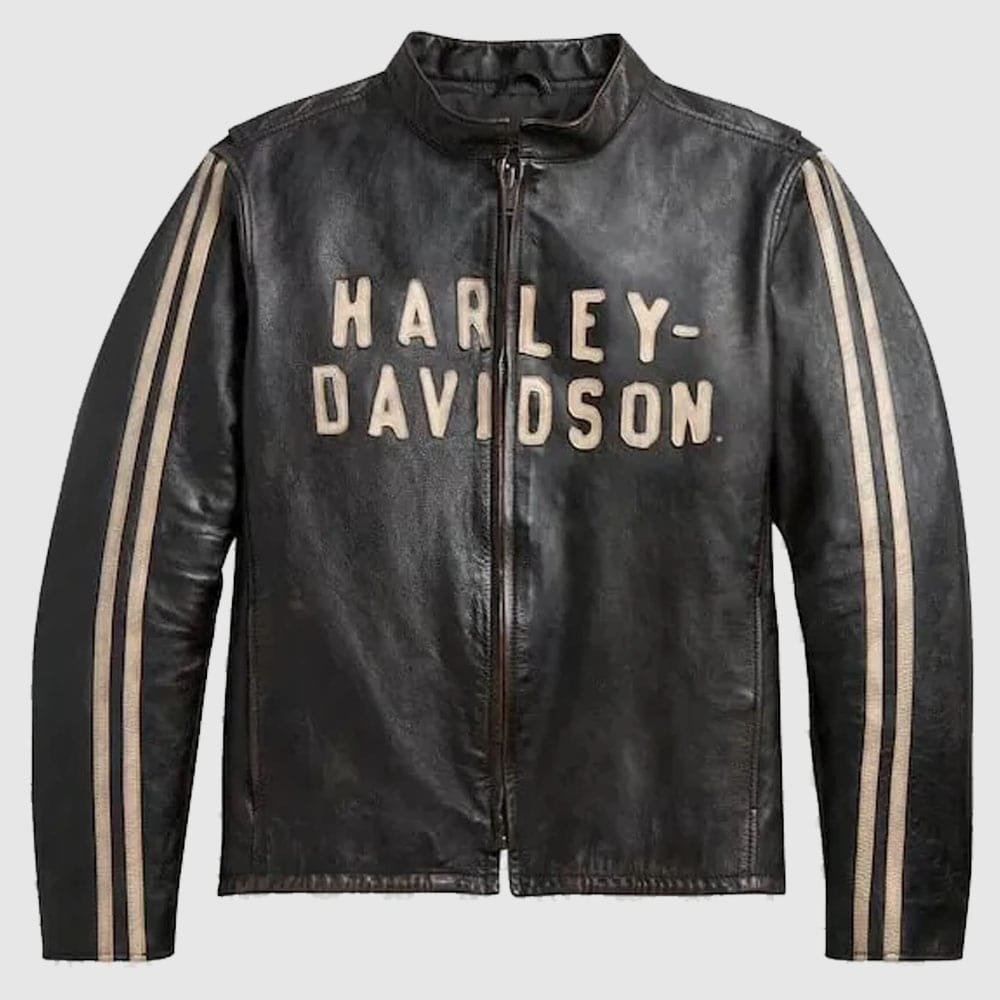 Black Harley Davidson Sleeve Stripe Leather Jacket