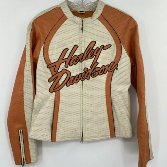 Harley Davidson Cream Orange Leather Riding Jacket
