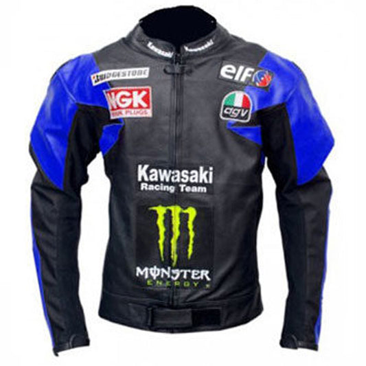 Men Blue And Black Kawasaki Motorcycle Leather Jacket