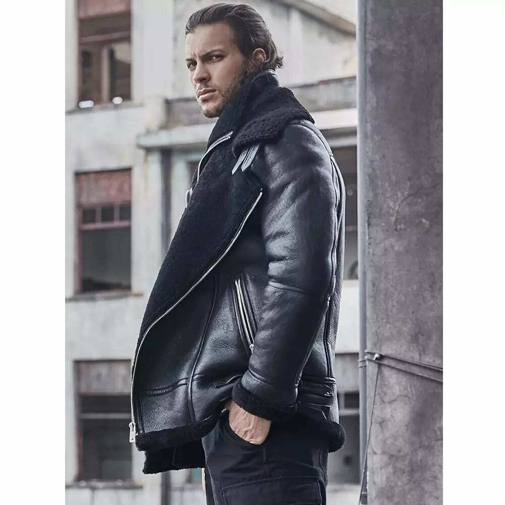 B3 Classic Double-layer Black Shearling Sheepskin Leather Jacket