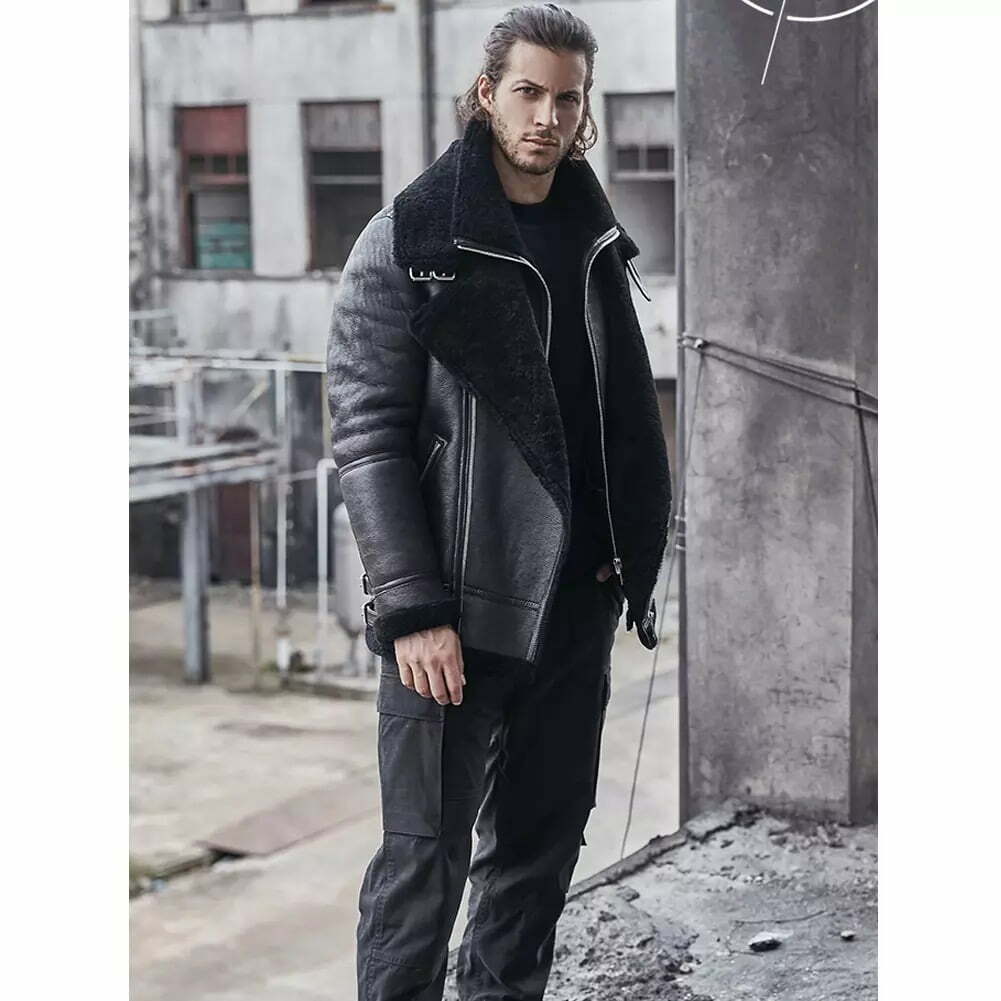 B3 Classic Double-layer Black Shearling Sheepskin Leather Jacket