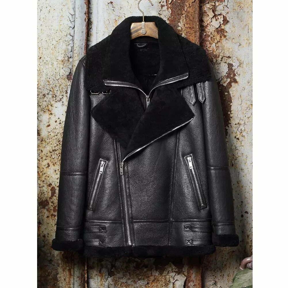 B3 Classic Double-layer Black Shearling Sheepskin Leather Jacket