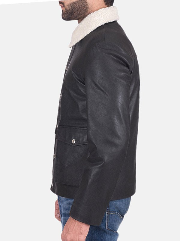 Men's Flap Pockets Black Leather Jacket