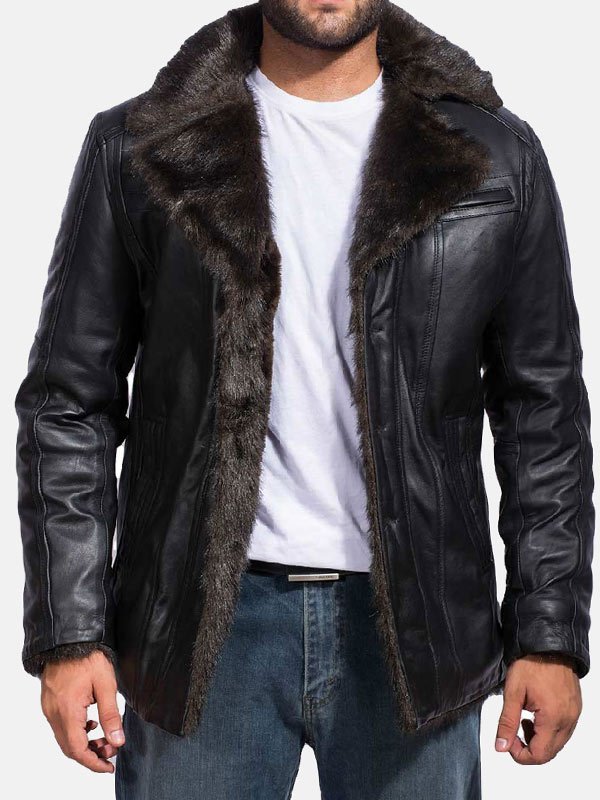 Men's Faux Fur Black Leather Aviator coat