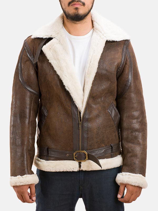 Men's Brown Leather Aviator Shearling Jacket