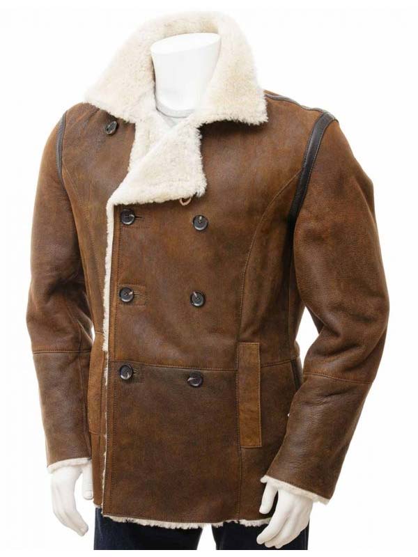 Mens Tan Sheepskin Shearling PeaCoat