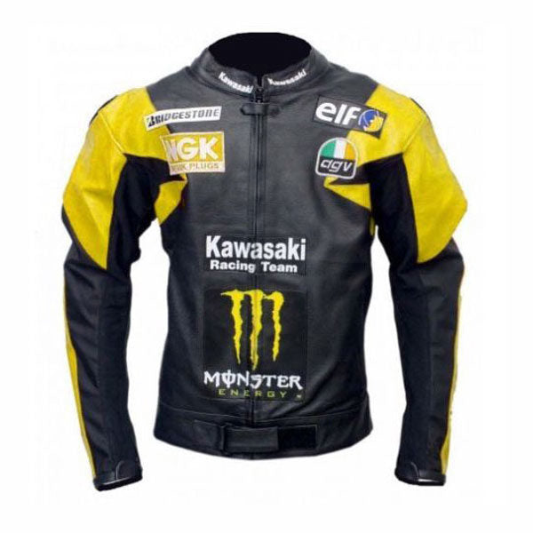 Yellow And Black Kawasaki Biker Leather Jacket