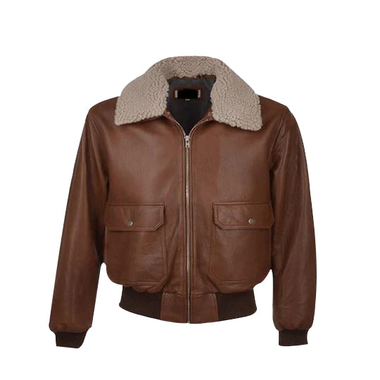 Mens Brown Aviator Fur Collar Leather Jacket