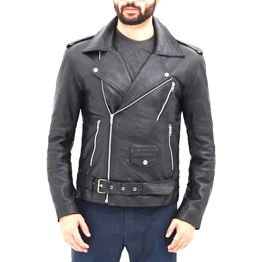 Mens Black Belted Motorcycle Racing Aviator Style Rider Leather Jacket