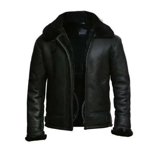 ﻿Black Aviator Fur Collar Geniune Leather Jacket